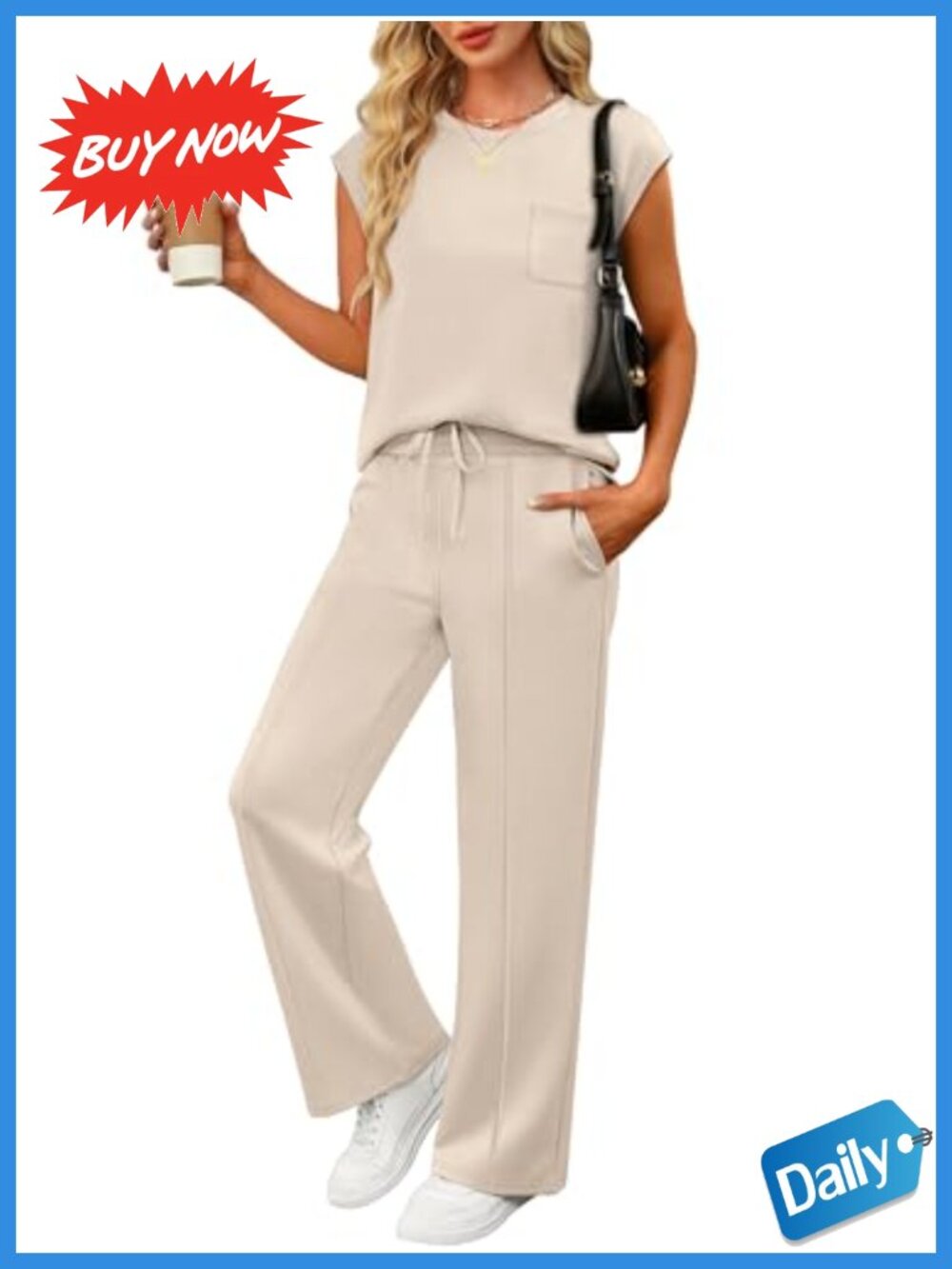 Women's 2 Piece Sweatsuit Set Sleeveless Wide Leg Drawstring Casual Loungewear